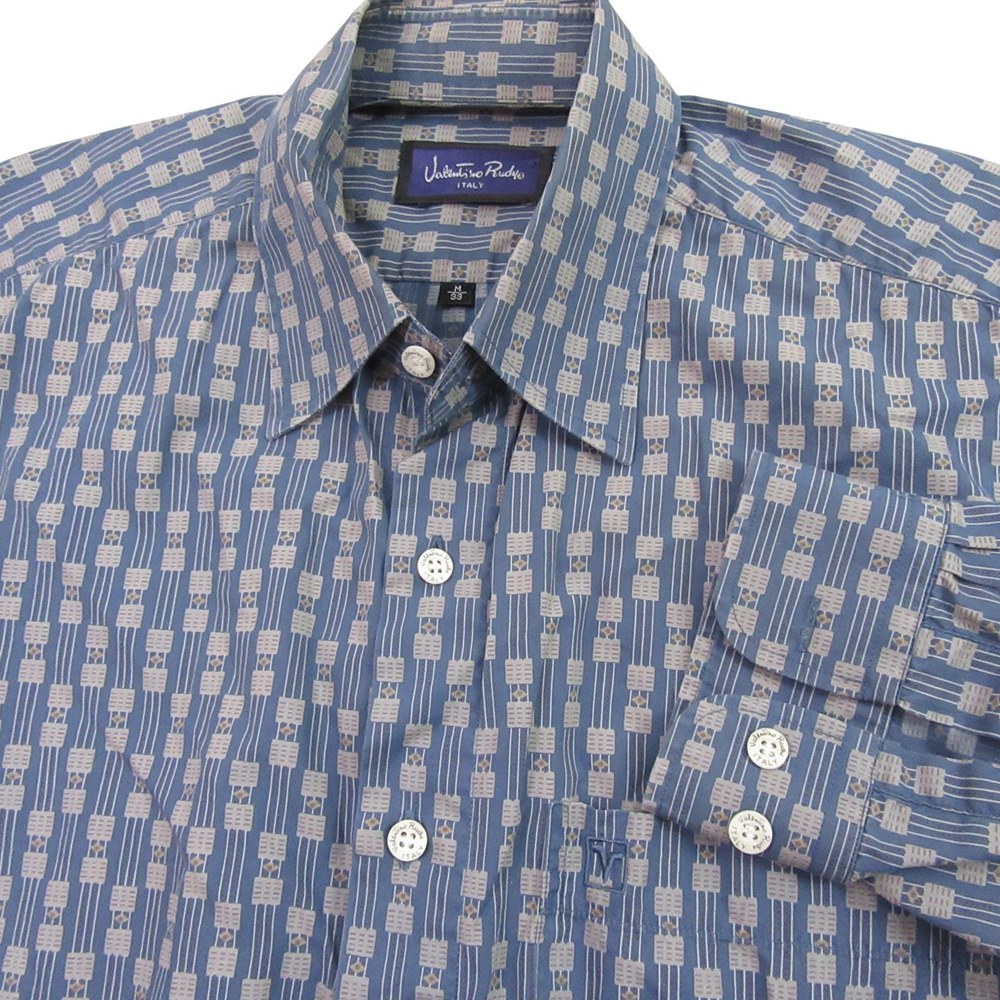 Valentino Rudy Mens Button Up Shirt M / 33 Slim Blue Geometric‎ Allover